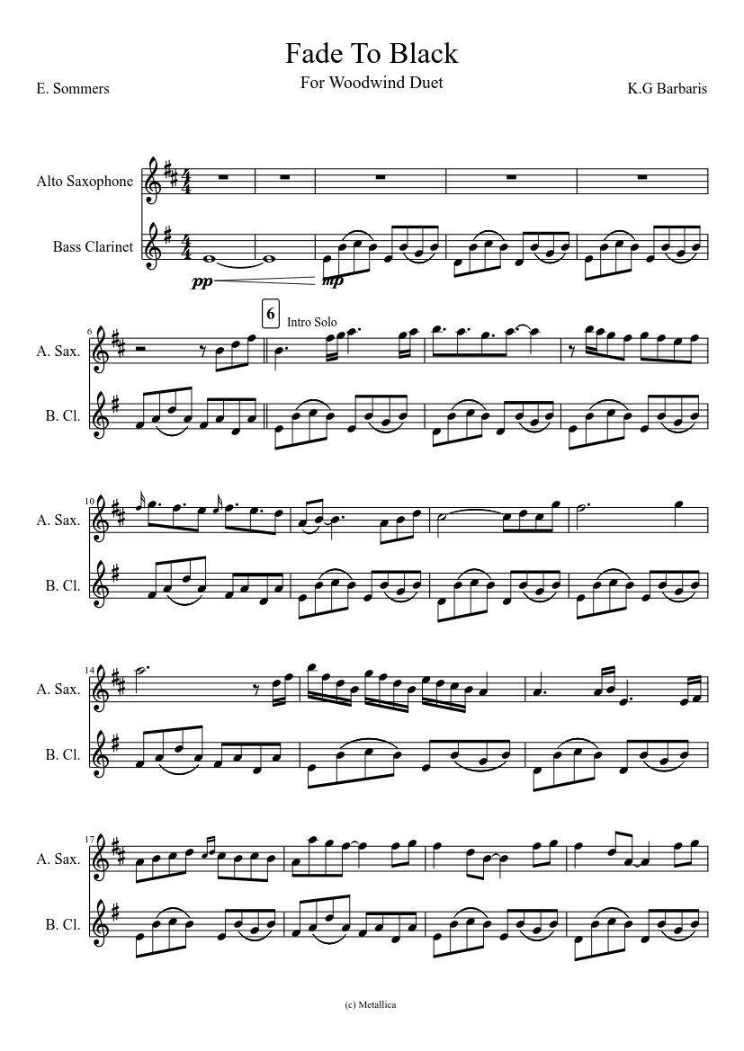 Fade To Black Sheet music for Clarinet bass, Saxophone alto (Woodwind Duet)  | Musescore.com