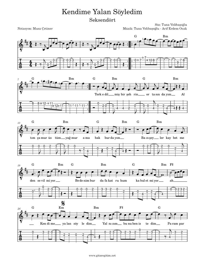 Kendime Yalan Söyledim Sheet music for Guitar (Solo) | Musescore.com