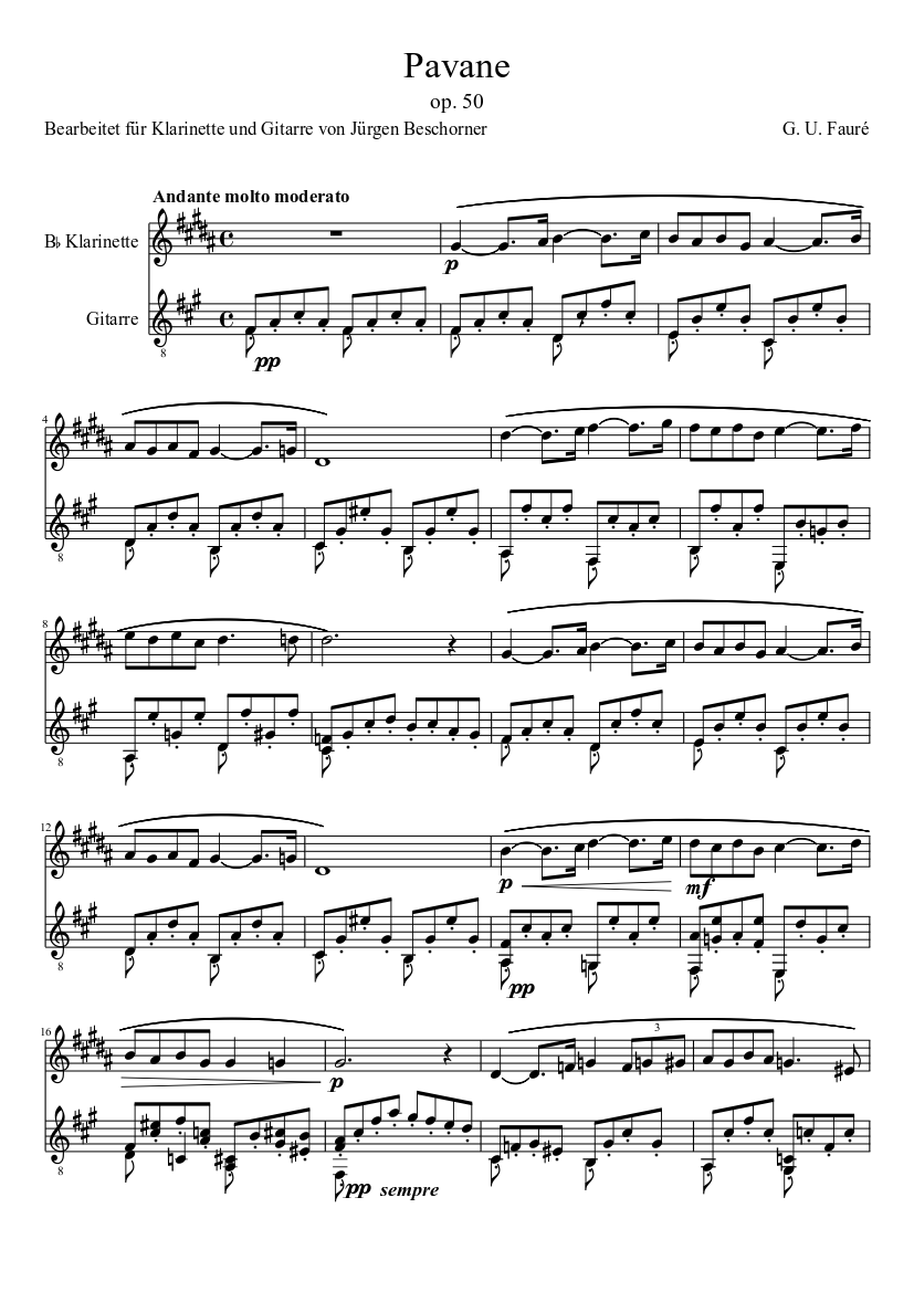 G. U. Fauré Pavane op. 50 for Bb Clarinet and Guitar Sheet music for  Guitar, Woodwinds (other) (Mixed Duet) | Musescore.com