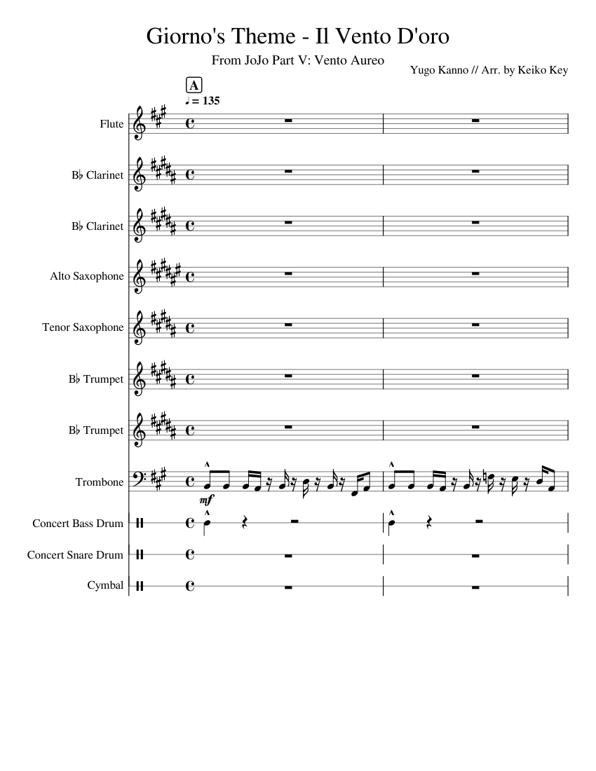 Giorno's Theme (Il Vento D'oro) Band Arrangement Sheet music for Trombone, Flute, in