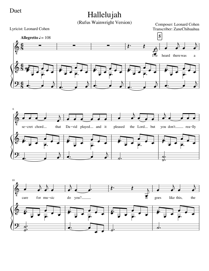 Hallelujah Rufus Wainwright Sheet Music Piano Free Printable