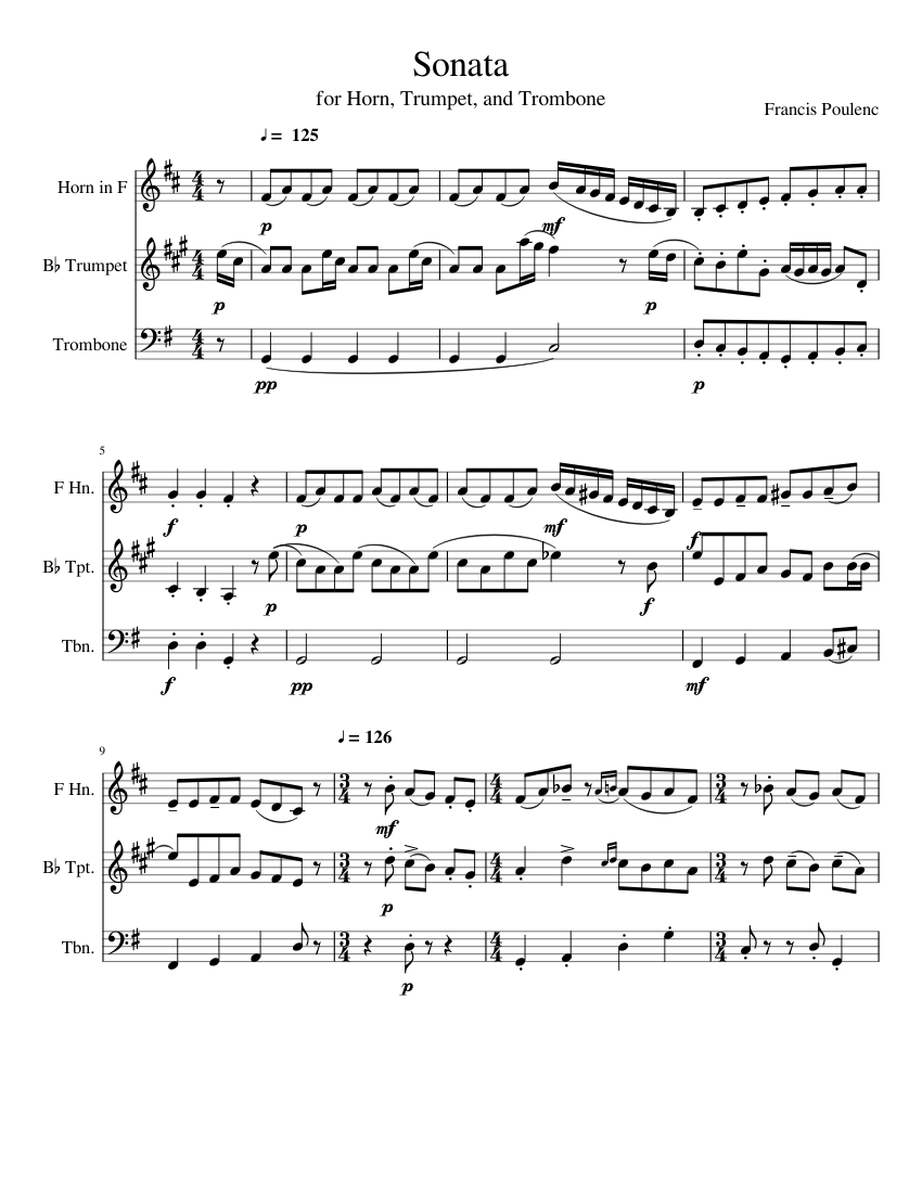 Sonata For Horn Trumpet And Trombone Francis Poulenc Sheet Music For Trumpet In B Flat Trombone French Horn Brass Trio Musescore Com