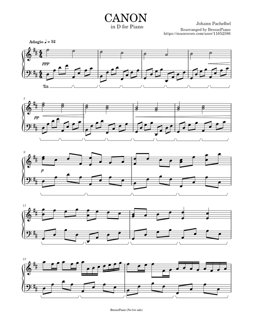 CANON in D by Johann Pachelbel - BreezePiano Sheet music for Piano ...