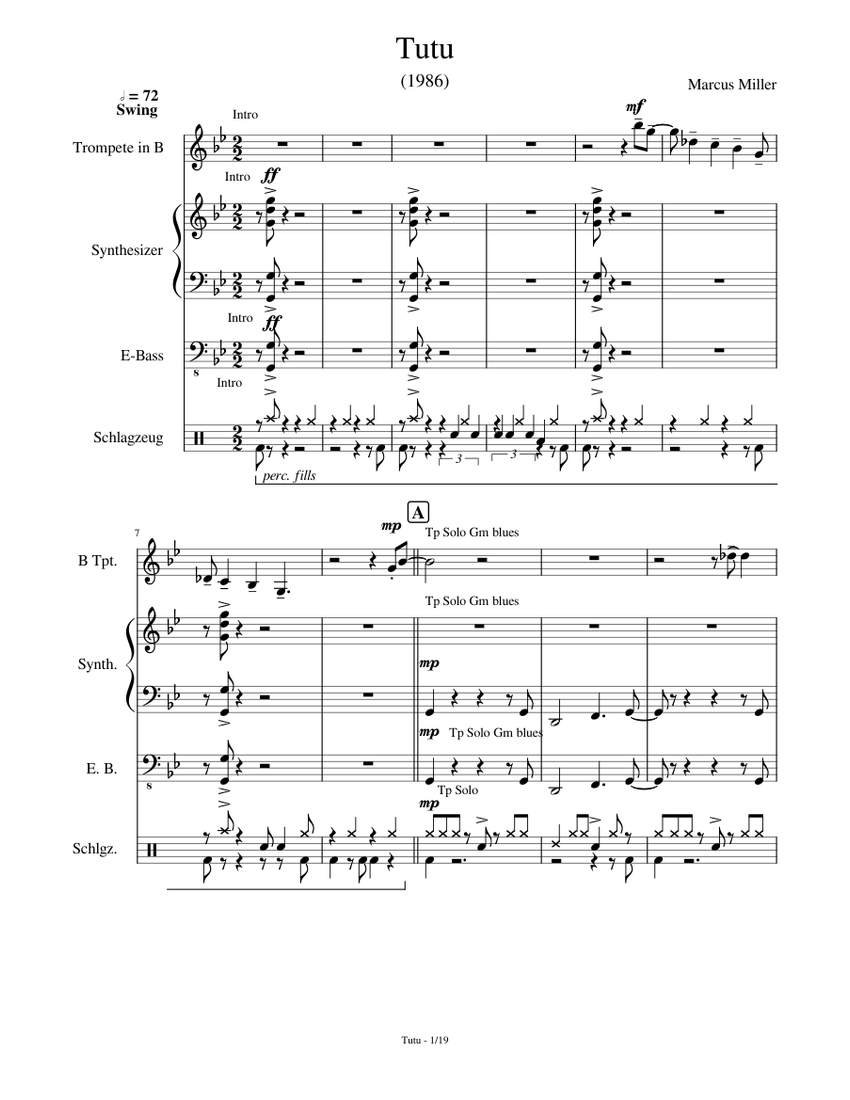 Tutu Sheet music for Piano, Trumpet in b-flat, Bass guitar, Drum group  (Mixed Quartet) | Musescore.com