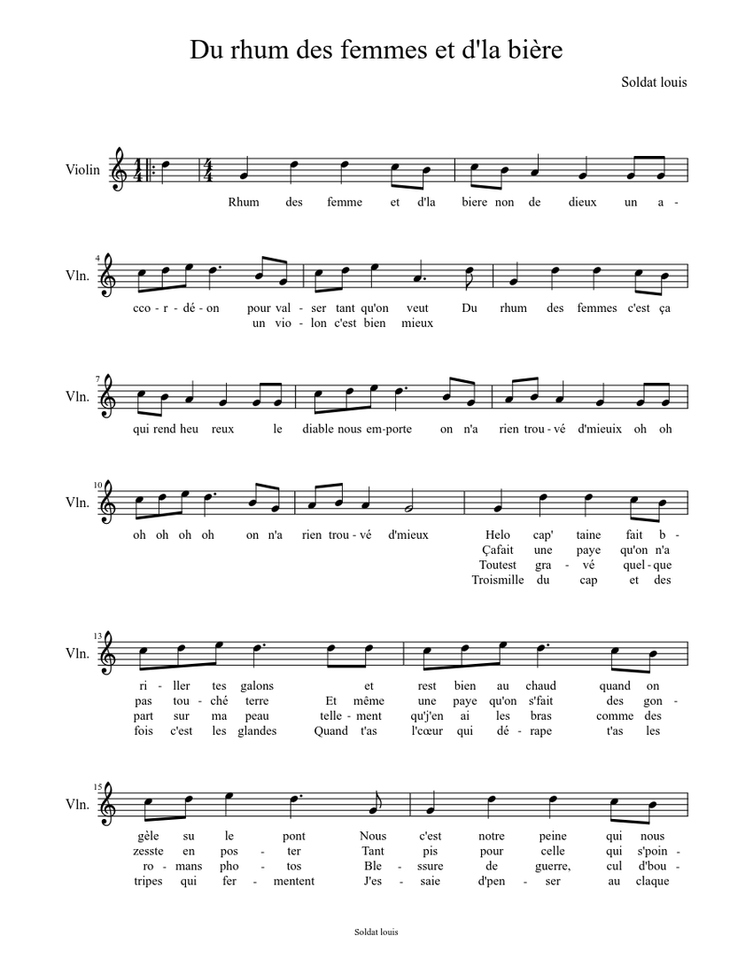 Du Rhum Des Femmes Et De La Bierre Sheet Music For Violin Solo Musescore Com Du rhum, des femmes est un morceau de soldat louis. du rhum des femmes et de la bierre