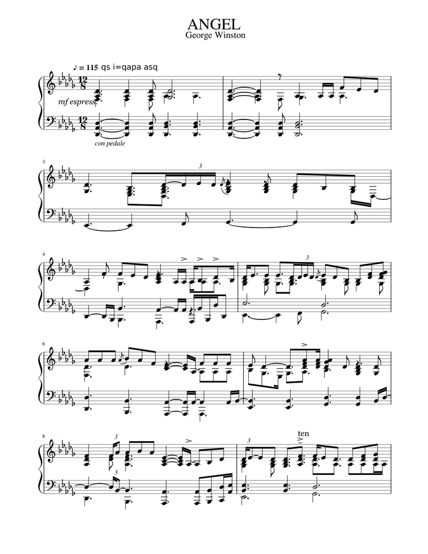 Angel ~ George Winston (Sarah McLachlan song) Sheet music for Piano (Solo)  | Musescore.com