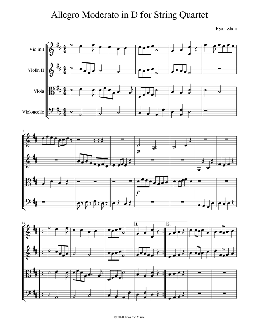Allegro Moderato in D for String Quartet Sheet music for Violin, Viola ...