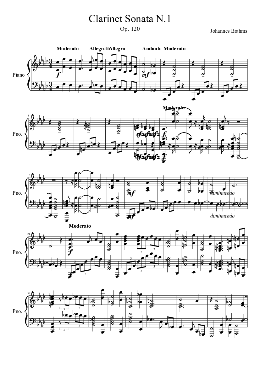 Brahms Clarinet sonata Piano part (part 1) Sheet music for Piano (Solo) |  Musescore.com