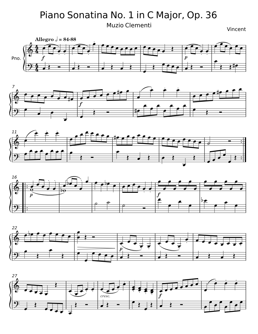 Piano Sonatina No. 1 in C Major, Op 36 - Muzio Clementi Sheet music for ...