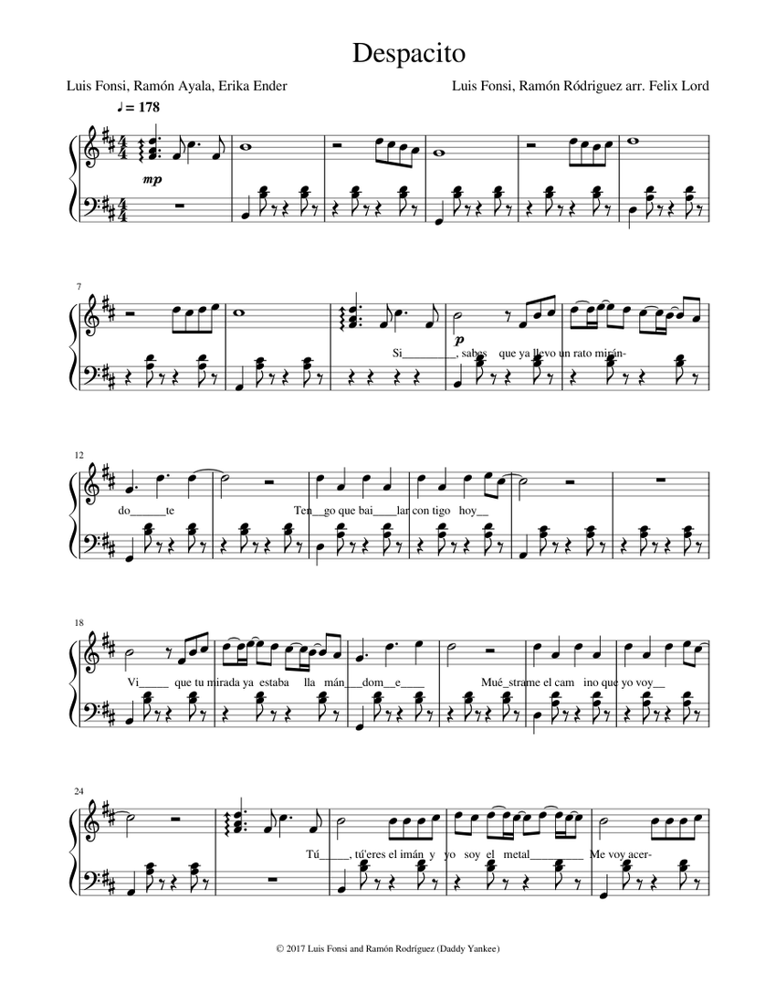 Despacito - Easy Piano - Lyrics- LUIS FONSI, DADDY YANKEE, RAMÓN AYALA,  ERIKA ENDER Sheet music for Piano (Solo) | Musescore.com