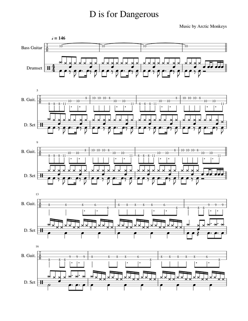 D is for dangerous bass and drums sheet music for bass guitar drum