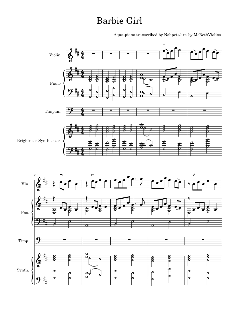 Barbie girl – Aqua Barbie Girl Sheet music for Piano, Timpani, Violin, Synthesizer (Solo ...