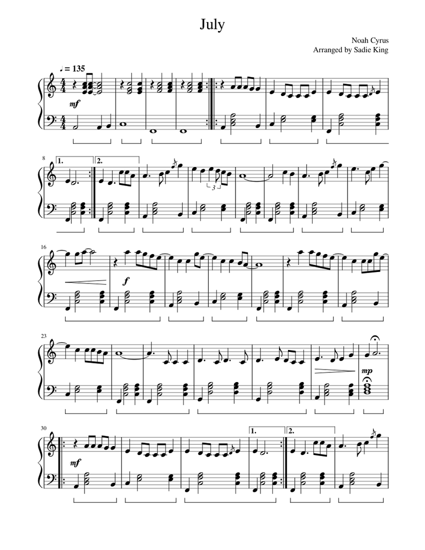 July - Noah Cyrus - Easy Piano Sheet music for Piano (Solo) | Musescore.com