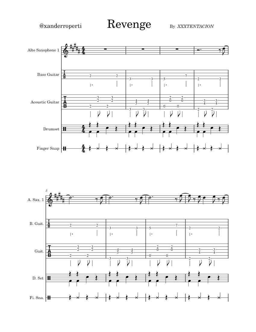 Revenge – XXXTENTACION Sheet music for Saxophone alto, Guitar, Bass guitar, Drum group & more