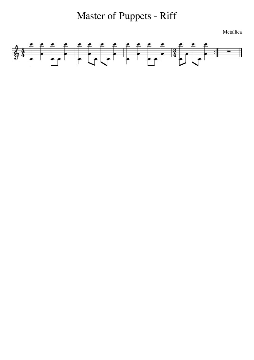 Puppet Note Music Metallica - Master of Puppets - Riff Sheet Music for Piano (Solo) easy ...