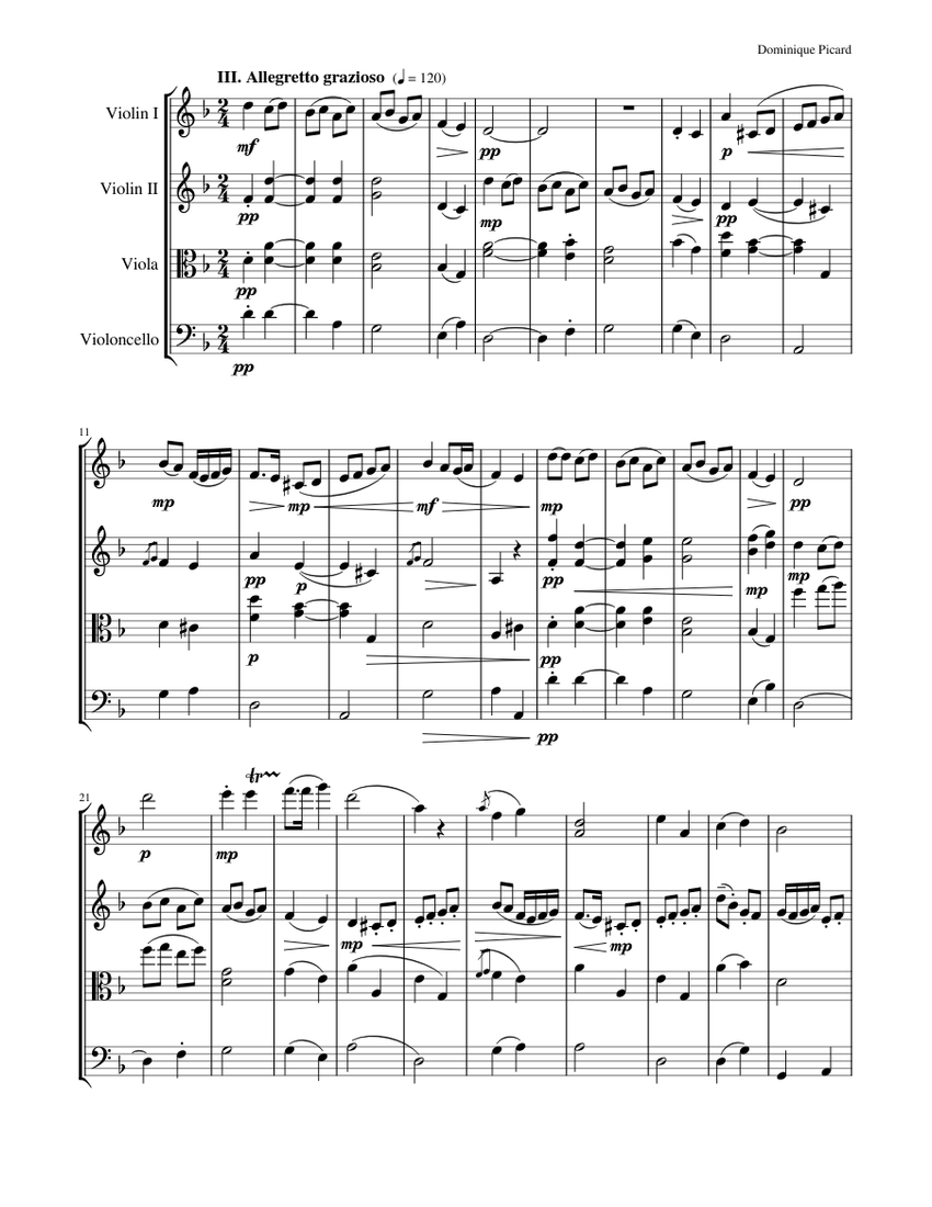 Quatuor à cordes n°15 en ré mineur 3e Allegretto grazioso String