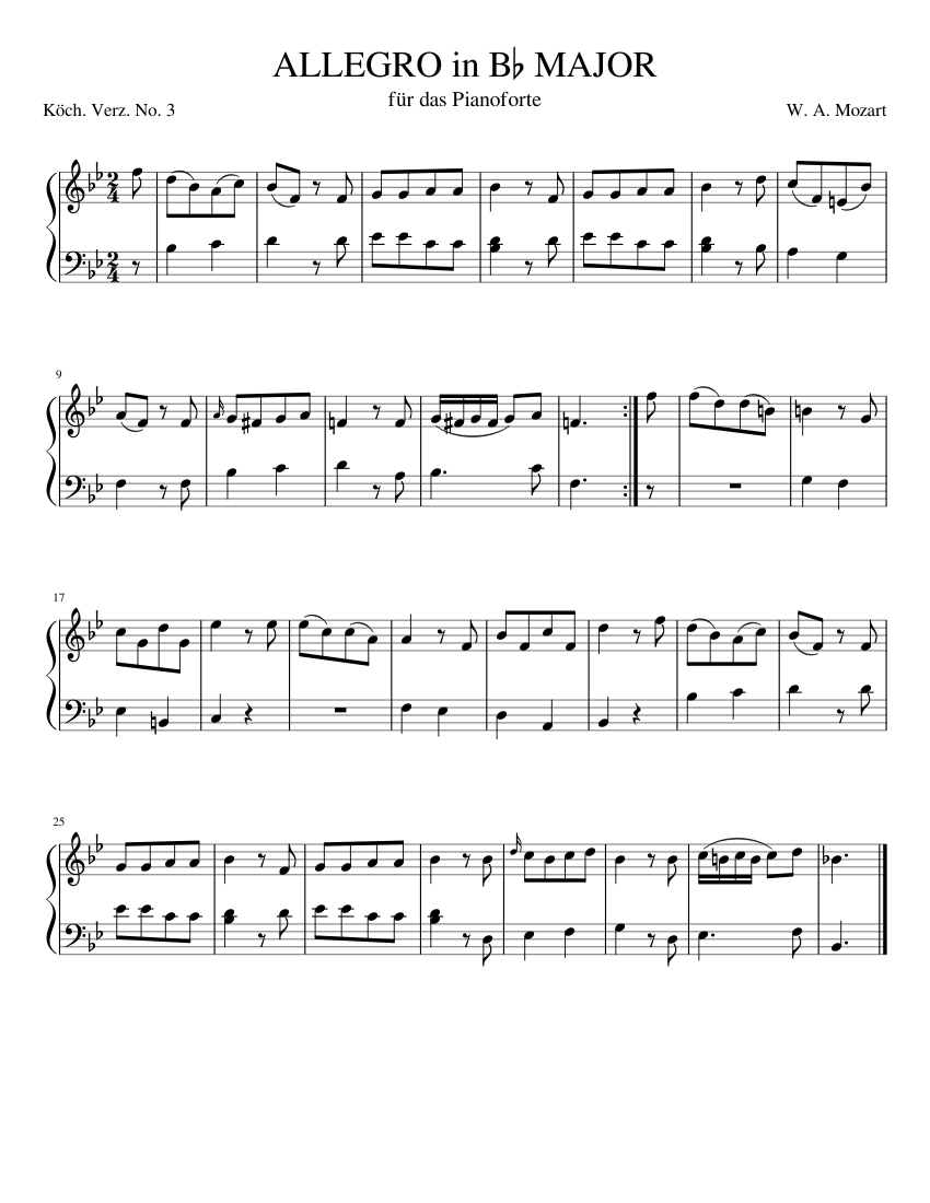 W. A. Mozart, Allegro in B♭ Major, K3. Sheet music for Piano (Solo ...