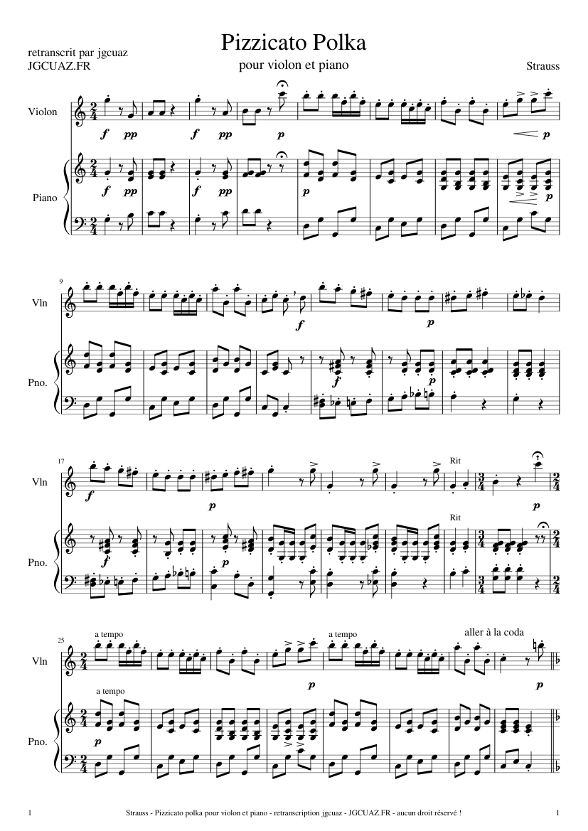 Strauss - polka pour violon et piano – Josef Strauss Strauss - pizzicato polka pour violon et piano Sheet music for Piano, Violin (Mixed Duet) | Musescore.com