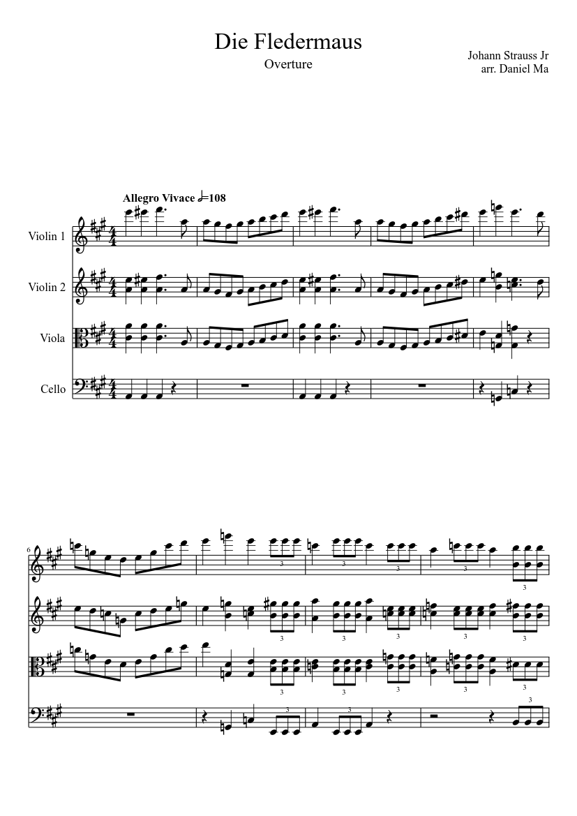 Die Fledermaus For String Orchestra Sheet Music For Violin Cello Viola String Quartet Musescore Com
