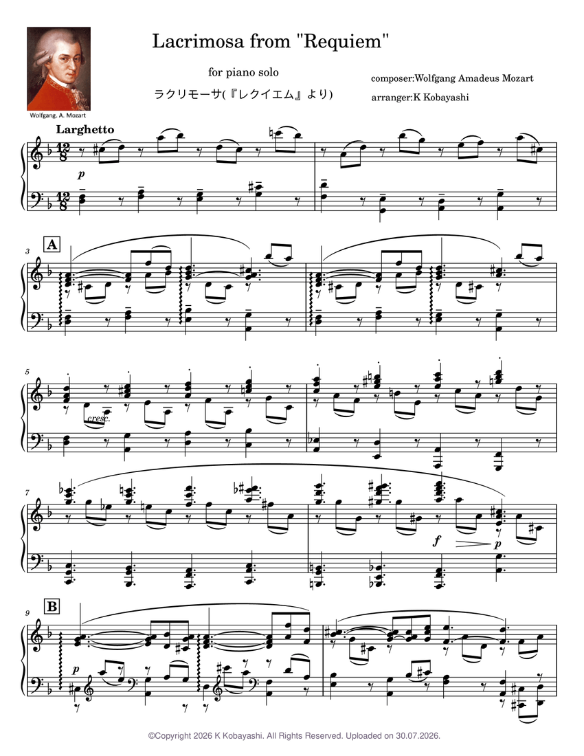 Lacrimosa Requiem – Wolfgang Amadeus Mozart Sheet music for Piano (Solo ...