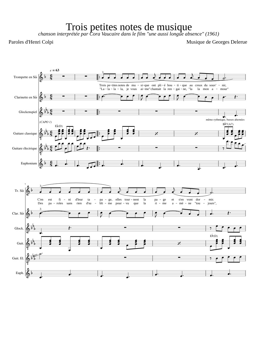 Trois petites notes de musique Sheet music for Euphonium, Clarinet in  b-flat, Trumpet in b-flat, Glockenspiel & more instruments (Mixed Ensemble)  | Musescore.com