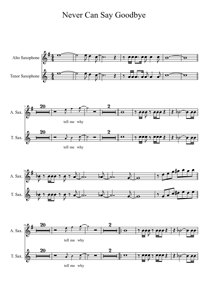 Never can say goodbye Sheet Music for Saxophone alto, Saxophone