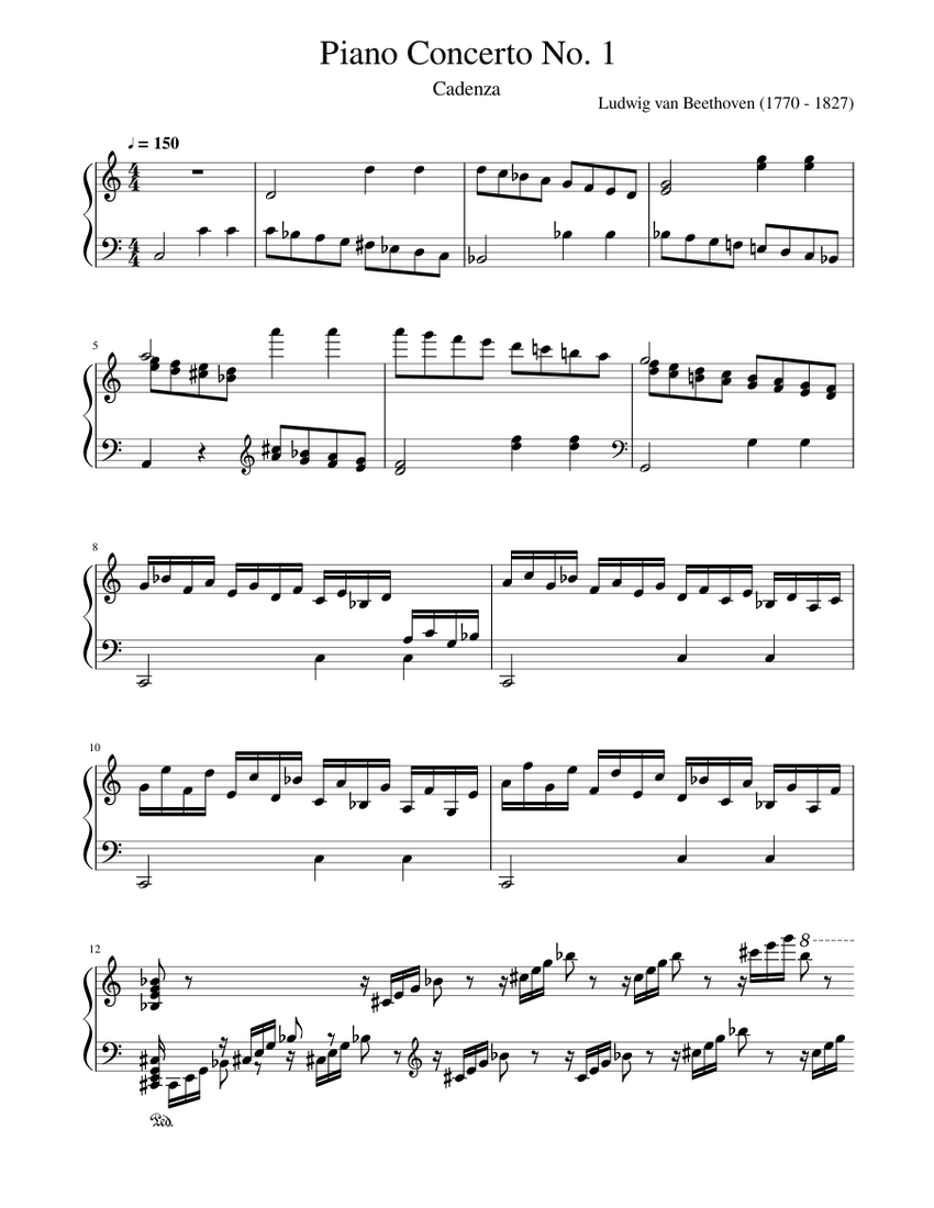 Ludwig van Beethoven, Piano Concerto No. 1 in C Major, Opus 15, First  Movement Cadenza Sheet music for Piano (Solo) | Musescore.com