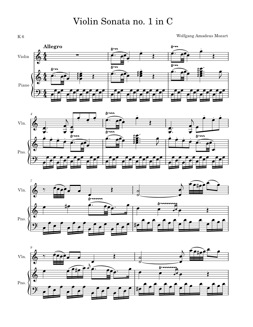 Violin Sonata no. 1 in C K6 - Wolfgang Amadeus Mozart Sheet Music for ...