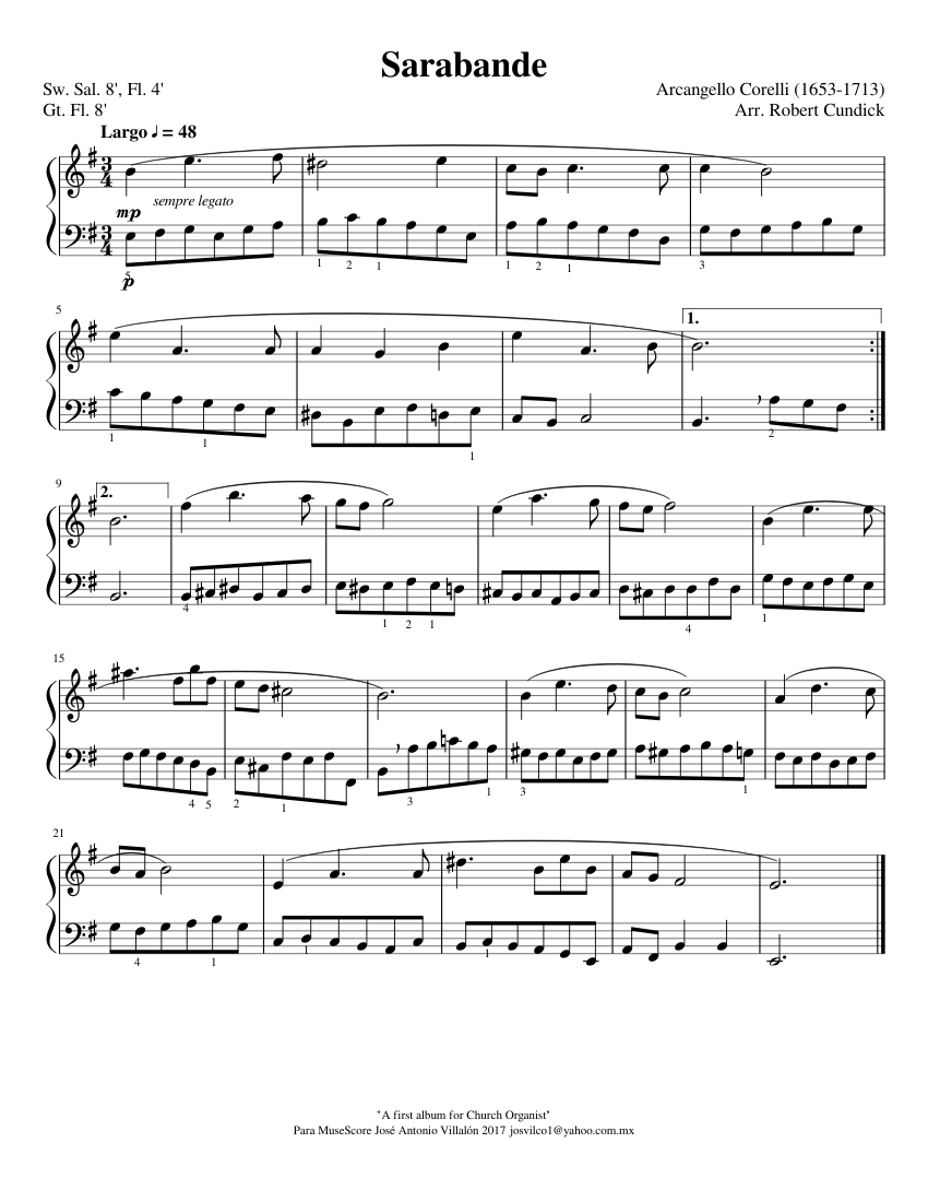 Sarabande a corelli sol sheet music for piano solo easy musescore