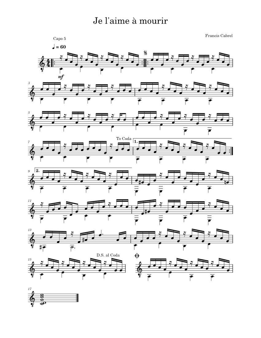 Je l'aime à mourir Francis Cabrel Sheet music for Guitar (Solo