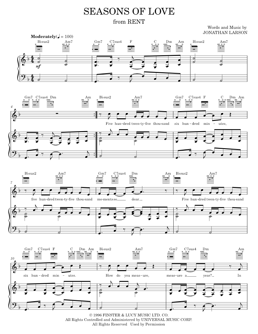 Seasons of Love Sheet music for Piano, Vocals: Music Notes