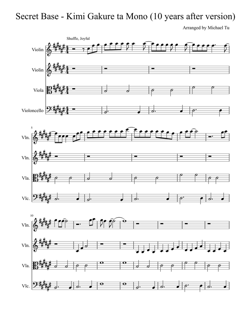 Secret Base - Kimi Gakure ta Mono (10 years after version) from Anohana  Quartet Arrangement Sheet music for Violin, Viola (Mixed Trio) |  Musescore.com