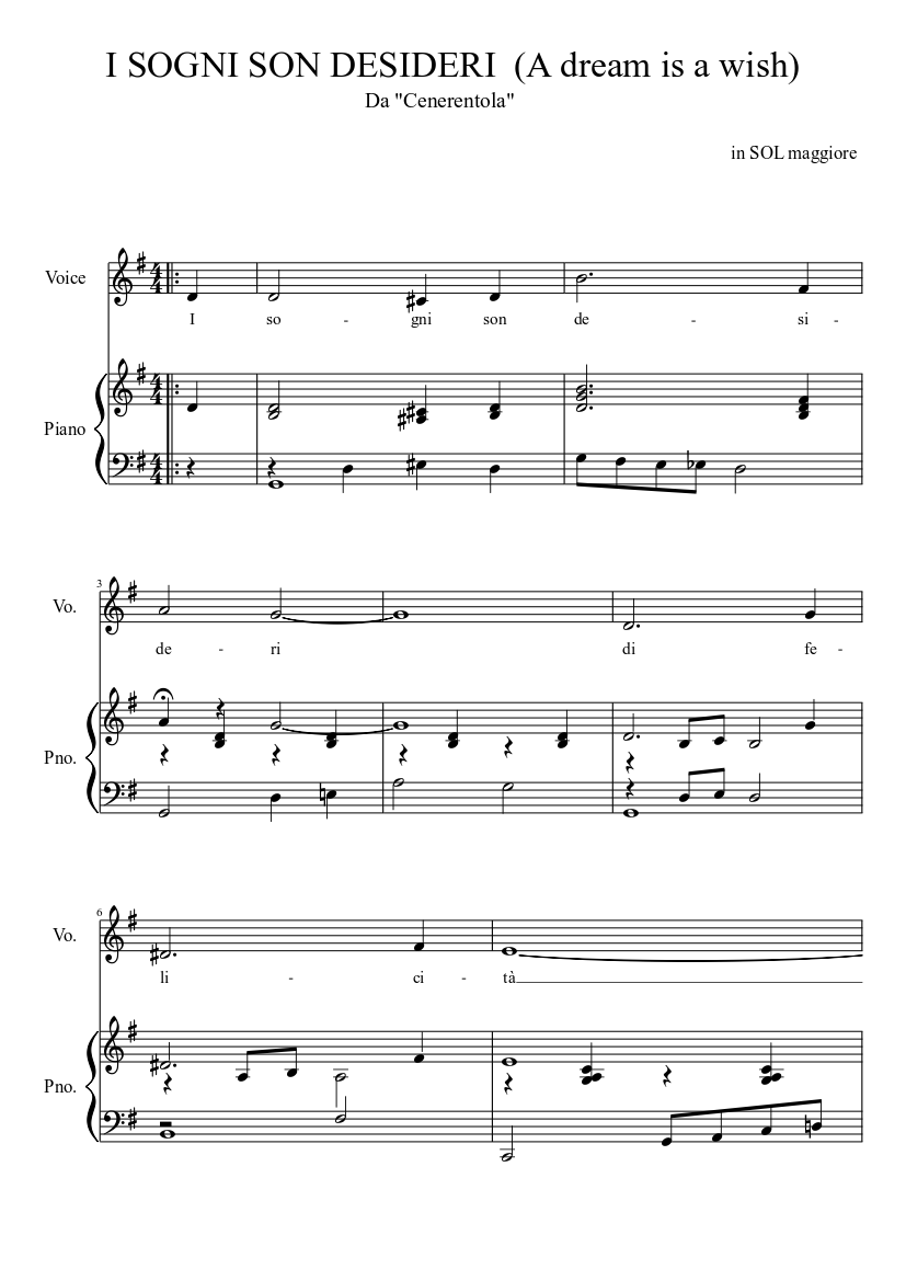 I Sogni Son Desideri (A Dream Is A Wish) Sheet music for Piano, Voice  (other) (Piano-Voice) | Musescore.com