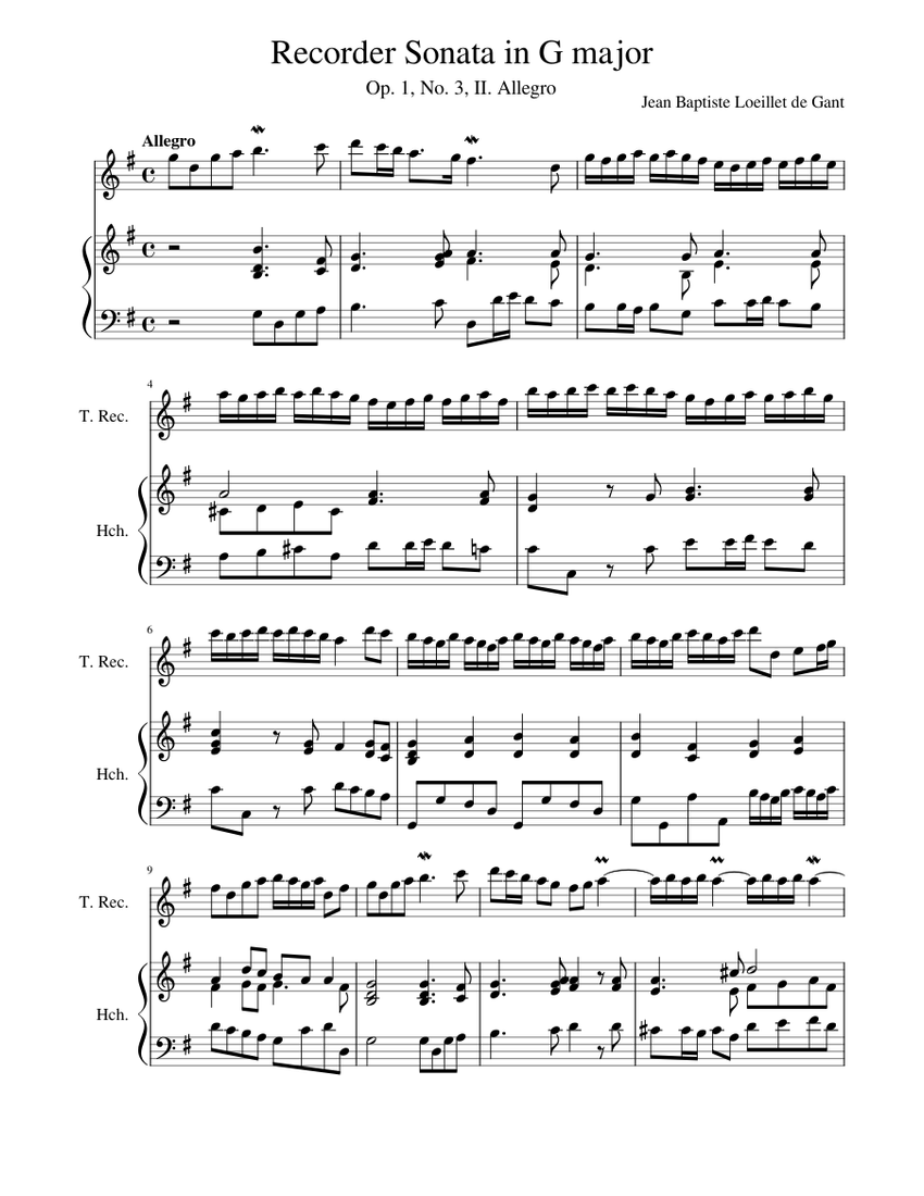Recorder Sonata in G major: Op.1, No.3, II. Allegro - Jean Baptiste  Loeillet de Gant Sheet music for Harpsichord, Recorder (Mixed Duet) |  Musescore.com