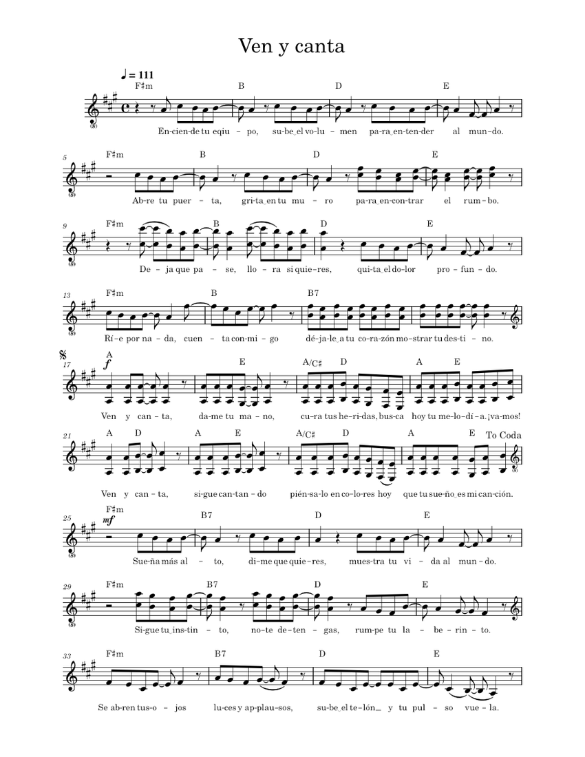 Ven y canta – Violetta Sheet music for Piano (Solo) | Musescore.com