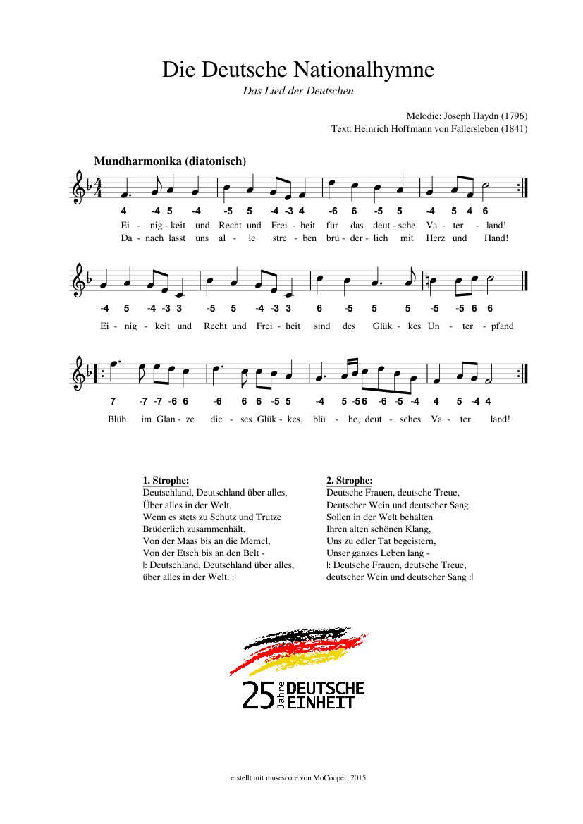 Die Deutsche Nationalhymne (für Mundharmonika) Sheet music for Harmonica  (Solo) | Musescore.com