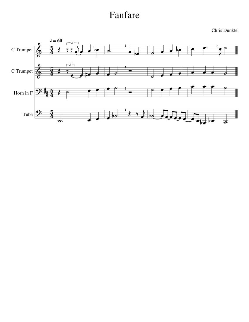 Fanfare Sheet music for Tuba, French horn, Trumpet in c (Mixed Quartet)