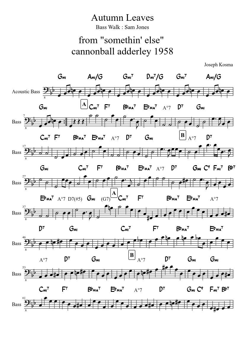 Autumn leaves Sheet music for Bass guitar (Solo) | Musescore.com