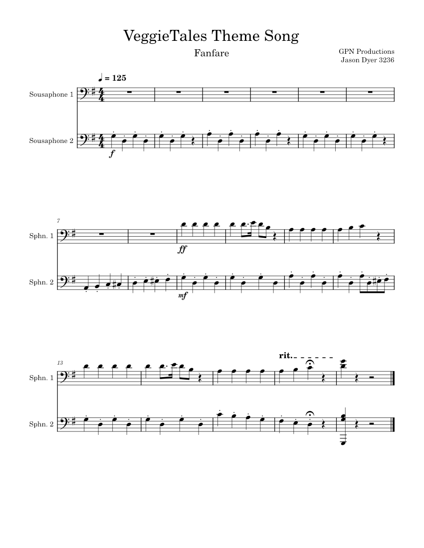 VeggieTales Theme Song Sheet Music for Tuba (Brass Duet) | MuseScore.com