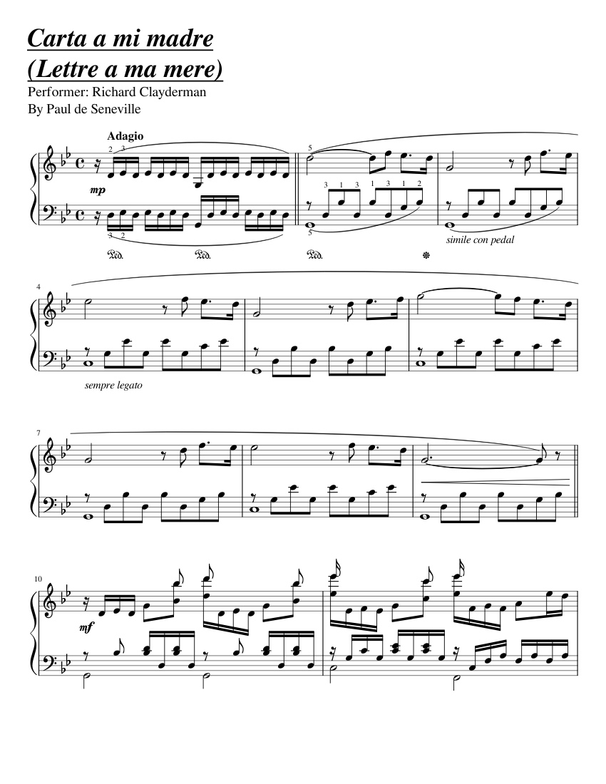 Carta a mi madre (Lettre à ma mère ) -Richard Clayderman- Sheet music for  Piano (Solo) | Musescore.com