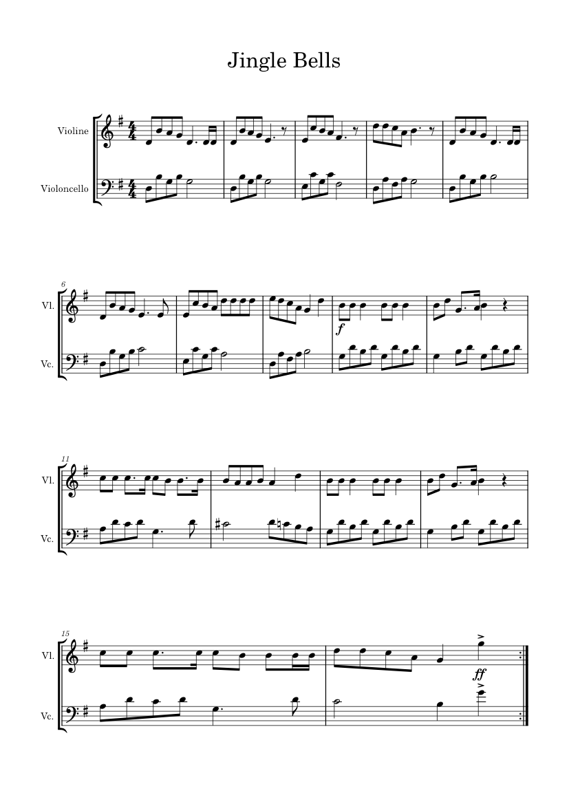 Jingle Bells James Pierpont Sheet music for Violin, Cello (Mixed Duet