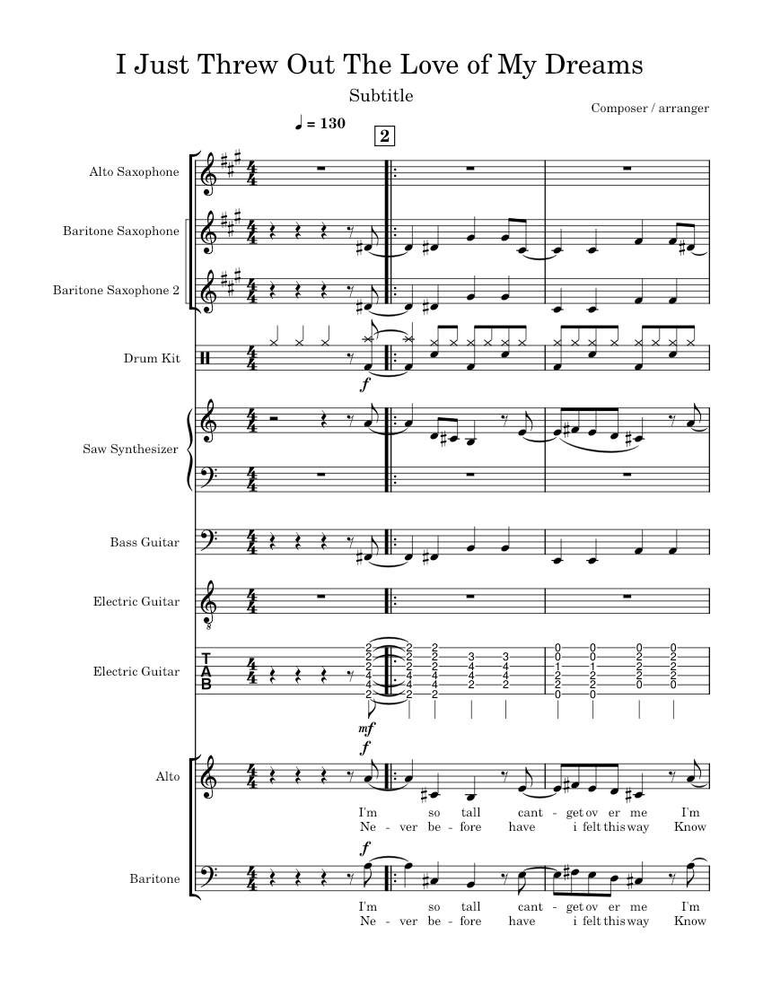 Weezer Riff Notes Baritone I just threw out the love of my dreams – Weezer Sheet Music and Tab for ...