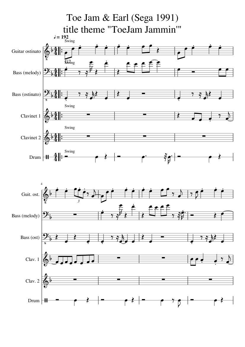 Toe Jam & Earl (Sega 1991) title theme "ToeJam Jammin'" Sheet music for