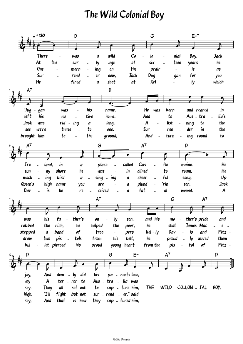 The Wild Colonial Boy (Lead sheet with lyrics ) Sheet music for Piano ...