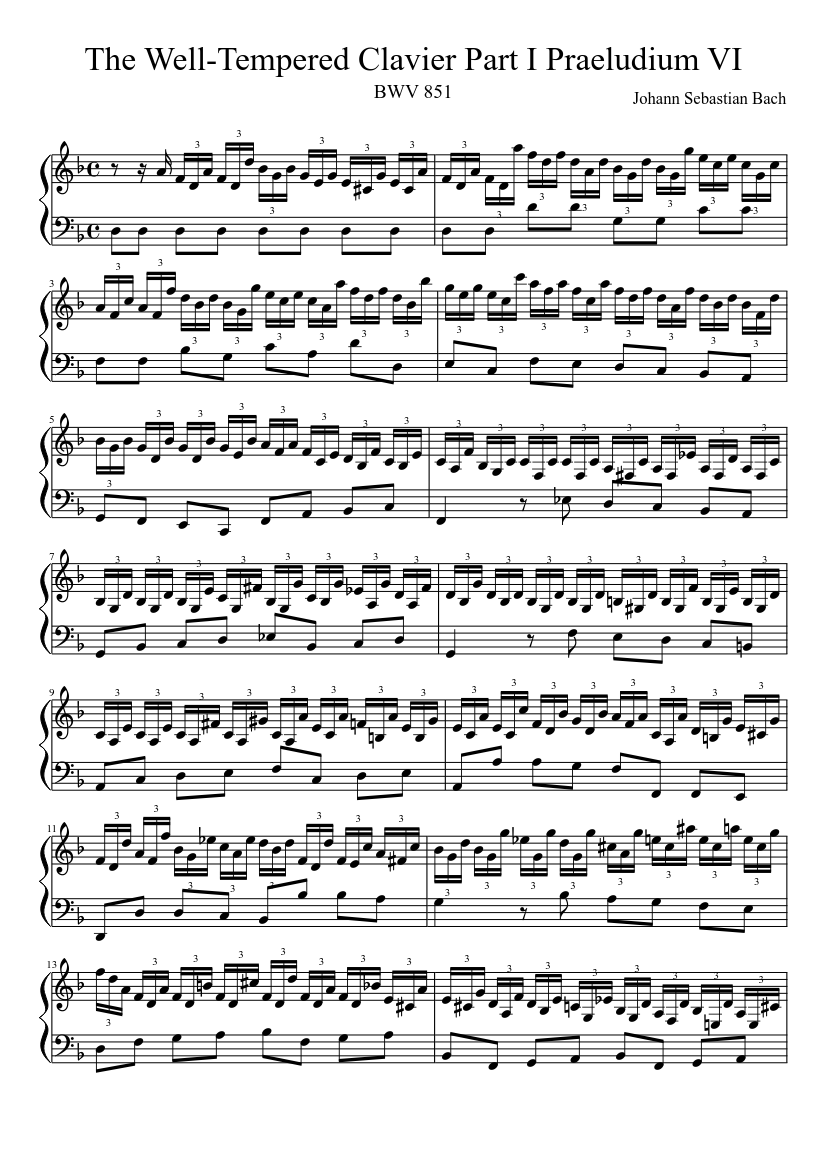 BWV 851 The Well-Tempered Clavier Part I Praeludium VI Sheet music for Harp  (Solo) | Musescore.com