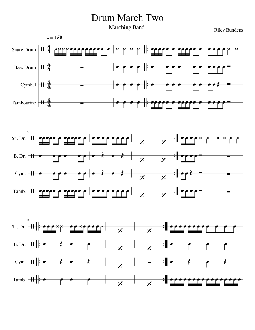 Drum March Two Sheet Music For Snare Drum Bass Drum Crash Tambourine
