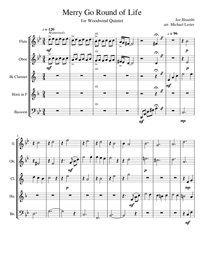 Merry Go Round of Life Sheet music for Flute, Oboe, in bflat