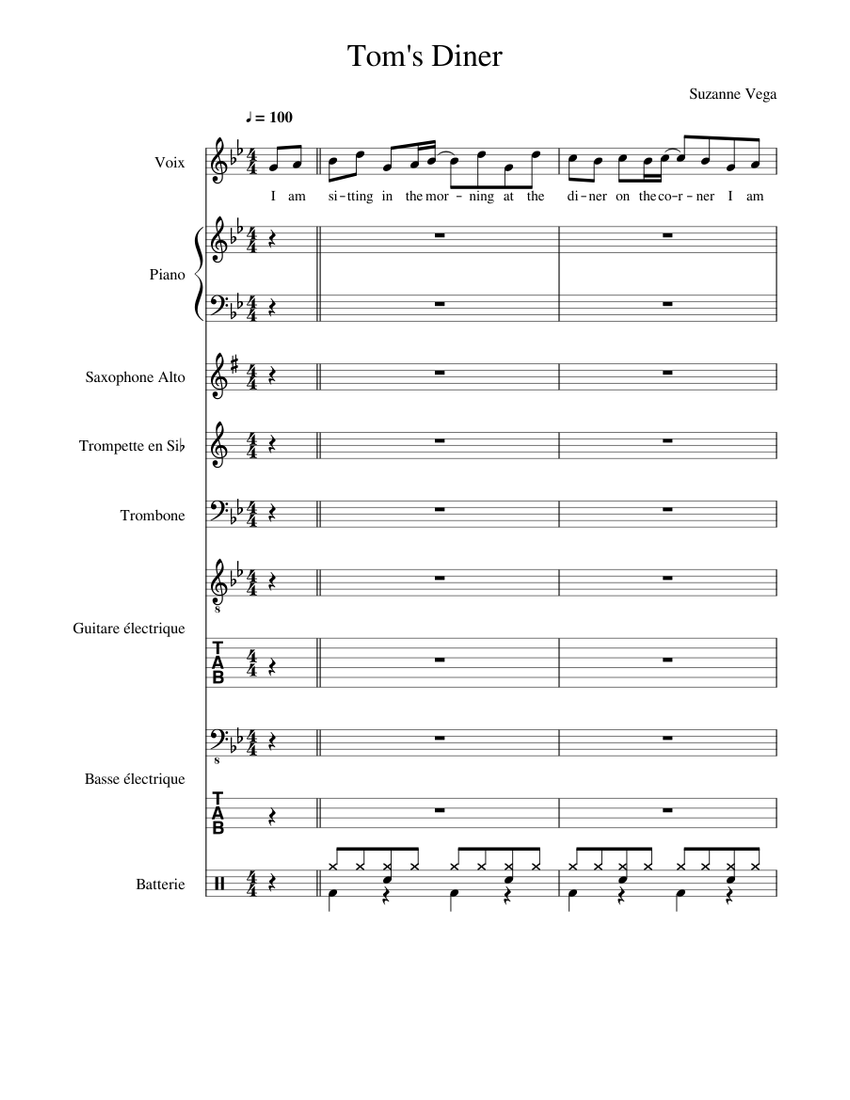 Tom s Diner 1 Sheet music for Piano, Trombone, Vocals, Saxophone alto &  more instruments (Mixed Ensemble) | Musescore.com
