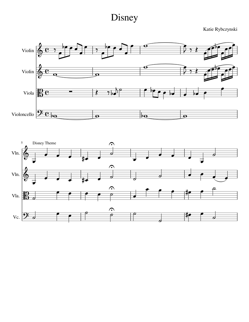 Disney Theme :) Sheet music for Violin, Viola, Cello (String Quartet) |  Musescore.com