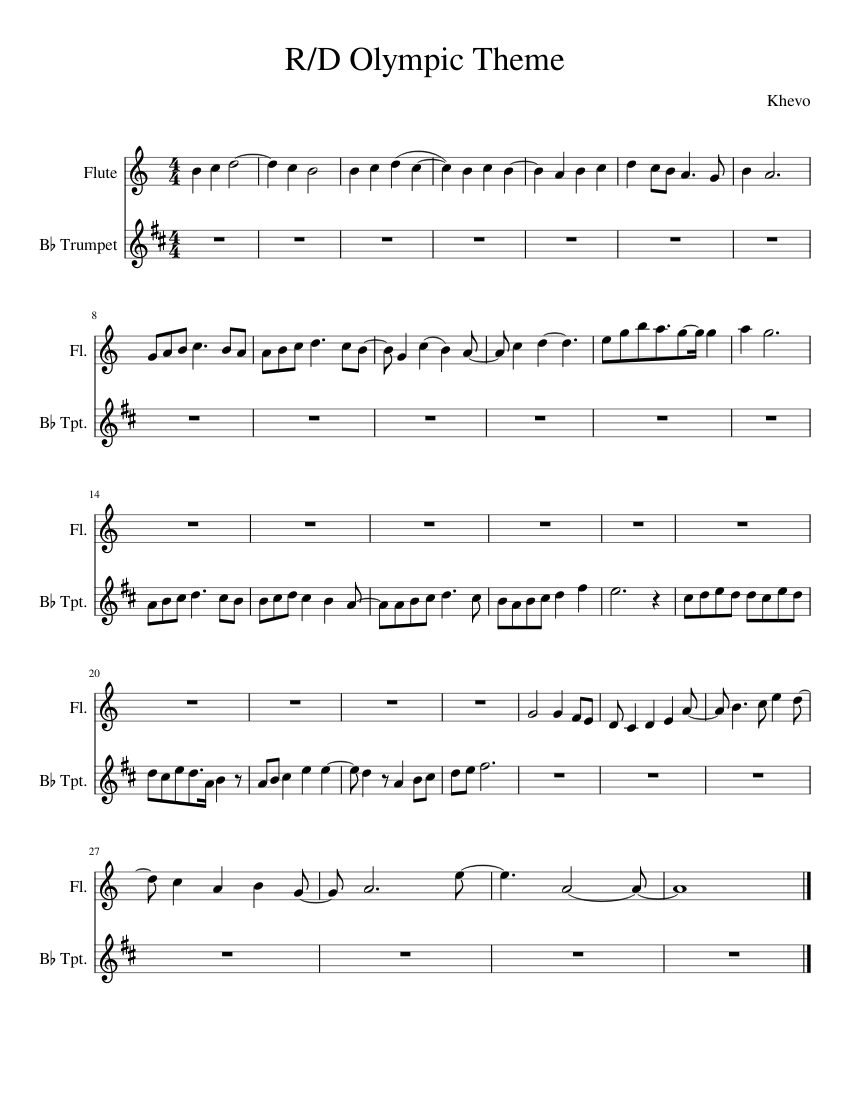 R/D Olympic Theme Sheet music for Flute, Trumpet in b-flat (Mixed Duet ...
